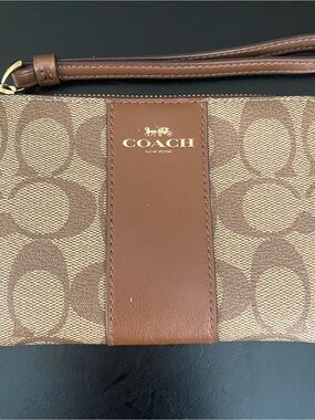 Coach Logo Brown Canvas Wristlet with Gold Hardware